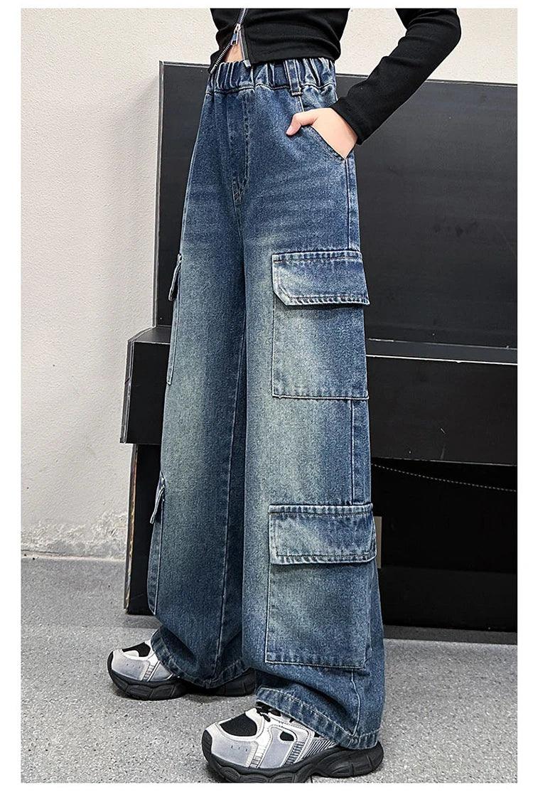 Kids Design Luxury Straight Leg Cargo Jeans with Multi Pocket for Teens Girl Cool Denim Pants Tweens Child Casual Jeans Trousers