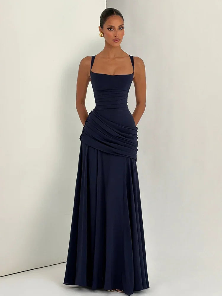 Elegant Solid Pleated Sling Dress Women Sexy Square Neck Sleeveless High Waist Slim Maxi Dresses 2026 Lady Party Evening Robe
