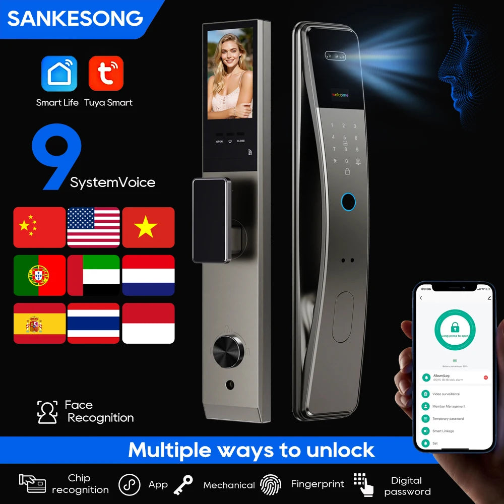 SANKESONG Tuya Smart 3D Face Door Lock Security Camera Monitor Intelligent Fingerprint Password Biometric Dual Battery