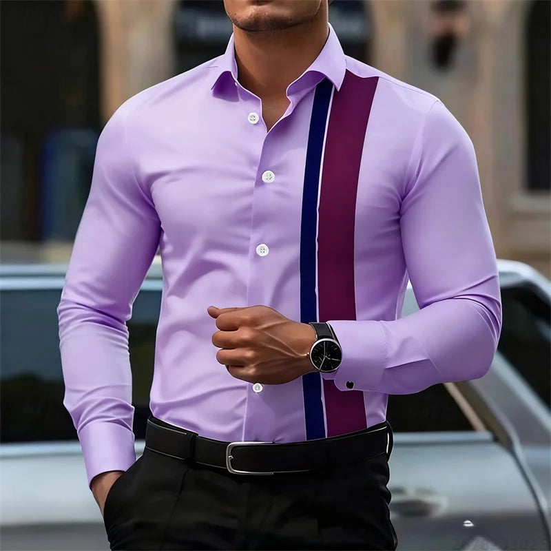 Men's fashionable contrast color striped long sleeve shirt European and American style business casual trendy casual men's shirt
