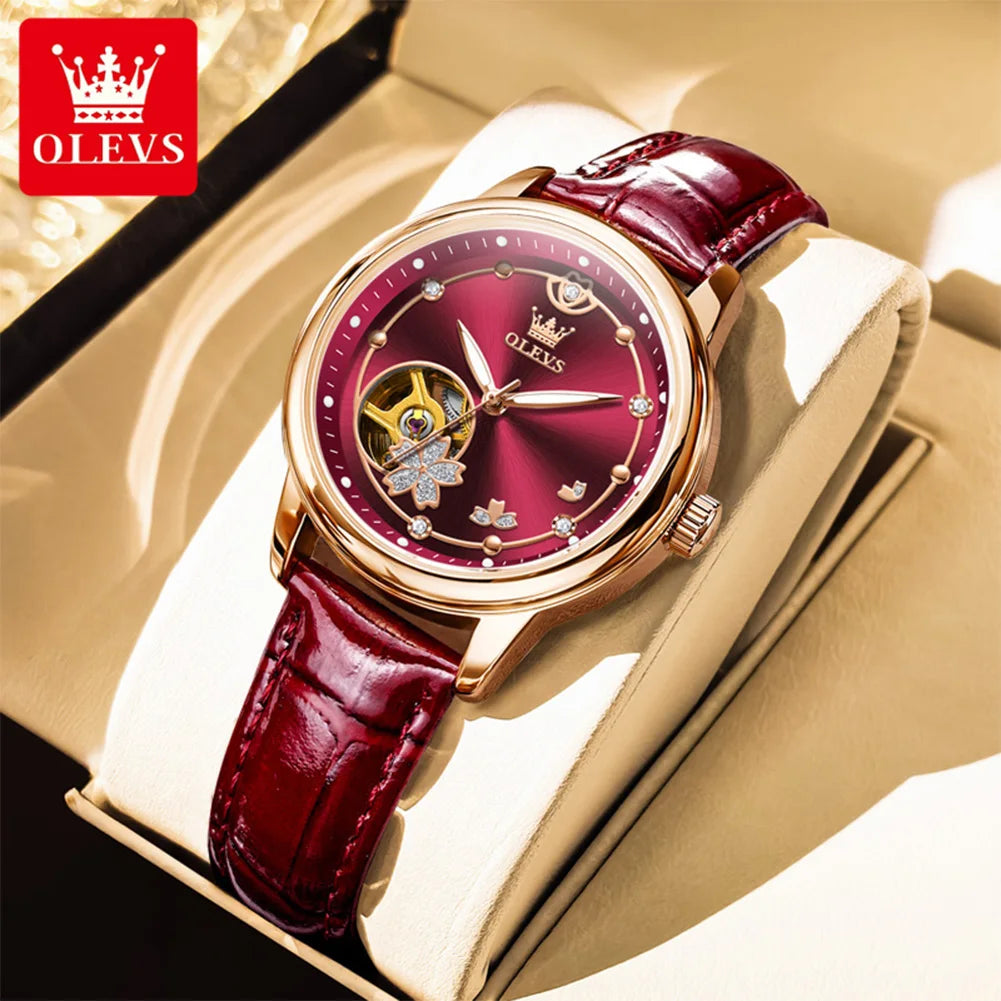 OLEVS 6732 Women's Watches Elegant Rose Gold Stainless Steel Hollowed Diamond Dial Automatic Mechancial Watch Gift Box for Women