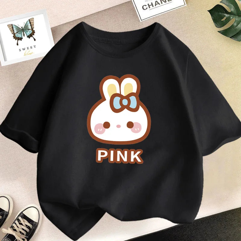 Girl Cute Rabbit Graphic Tshirt Short Sleeve Cotton T-Shirts For Baby Girl Cute Pink Color T-Shirts Children Summer Clothing