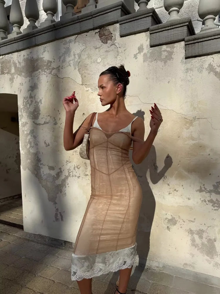 Women Sheer Mesh Overlay Midi Dress Waist Cinched Sleeveless Spaghetti Strap 2026 Summer Accessories Trendy Classy Lady Outfits
