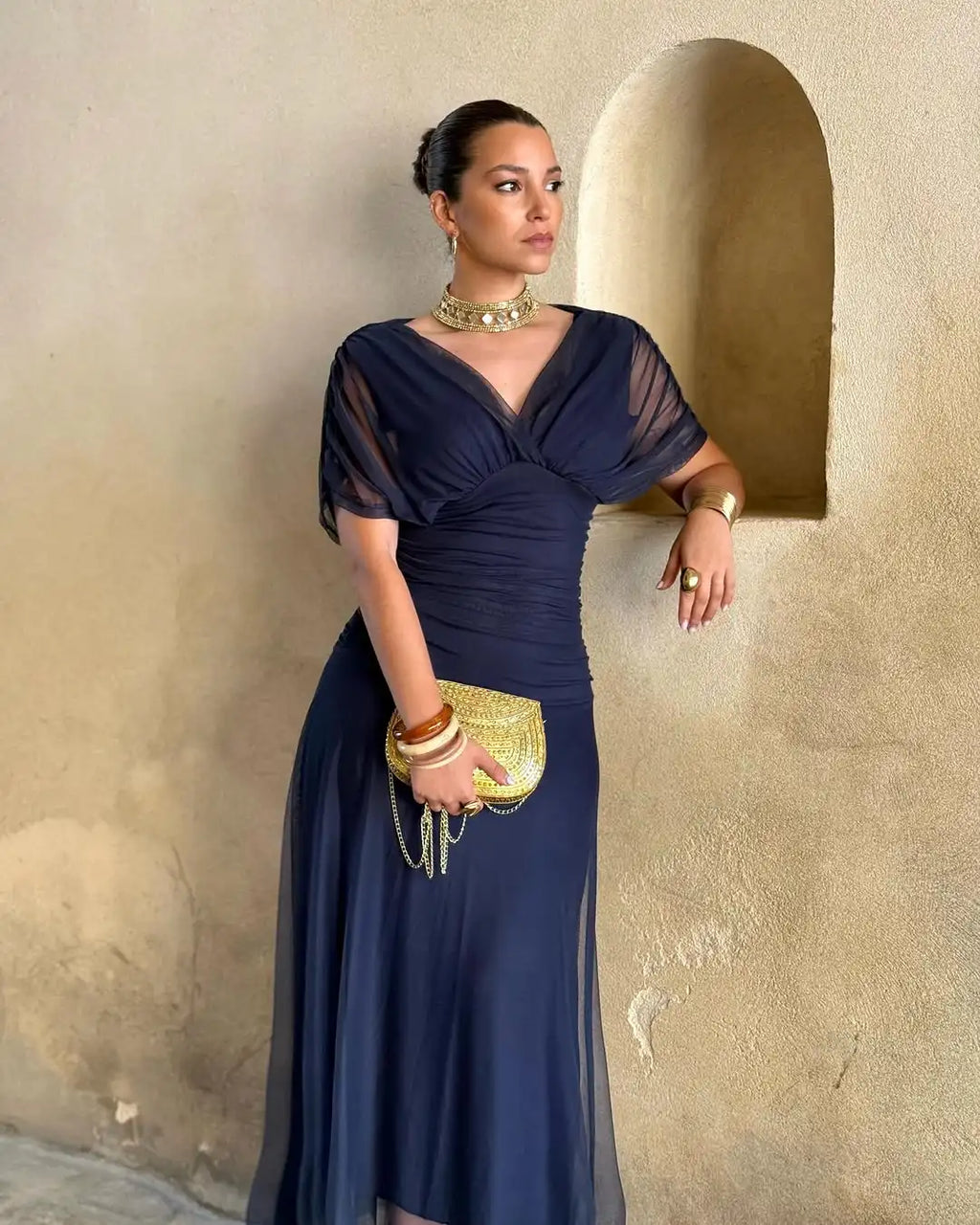 Women Solid Deep V-neck Mesh Long Dress Elegant Puff Short Sleeve Ruched Waist High Vestidos 2026 Summer Lady Casual Street Robe
