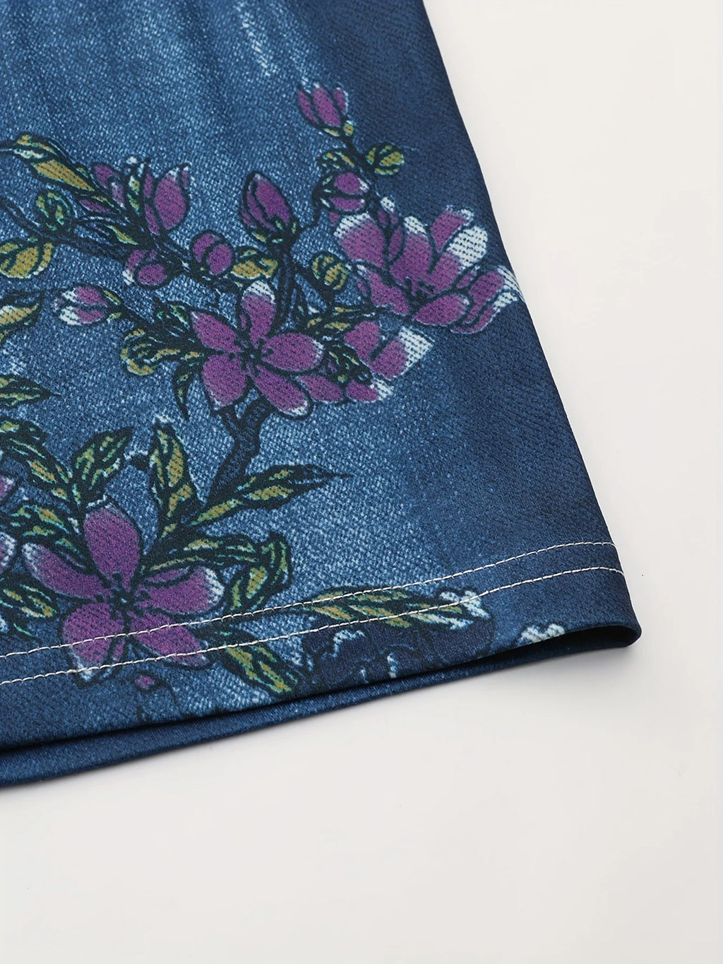 Floral Print Deep Blue Imitation Denim Slim Fitting Shorts For Women's Casual Leggings With High Elasticity And Comfort