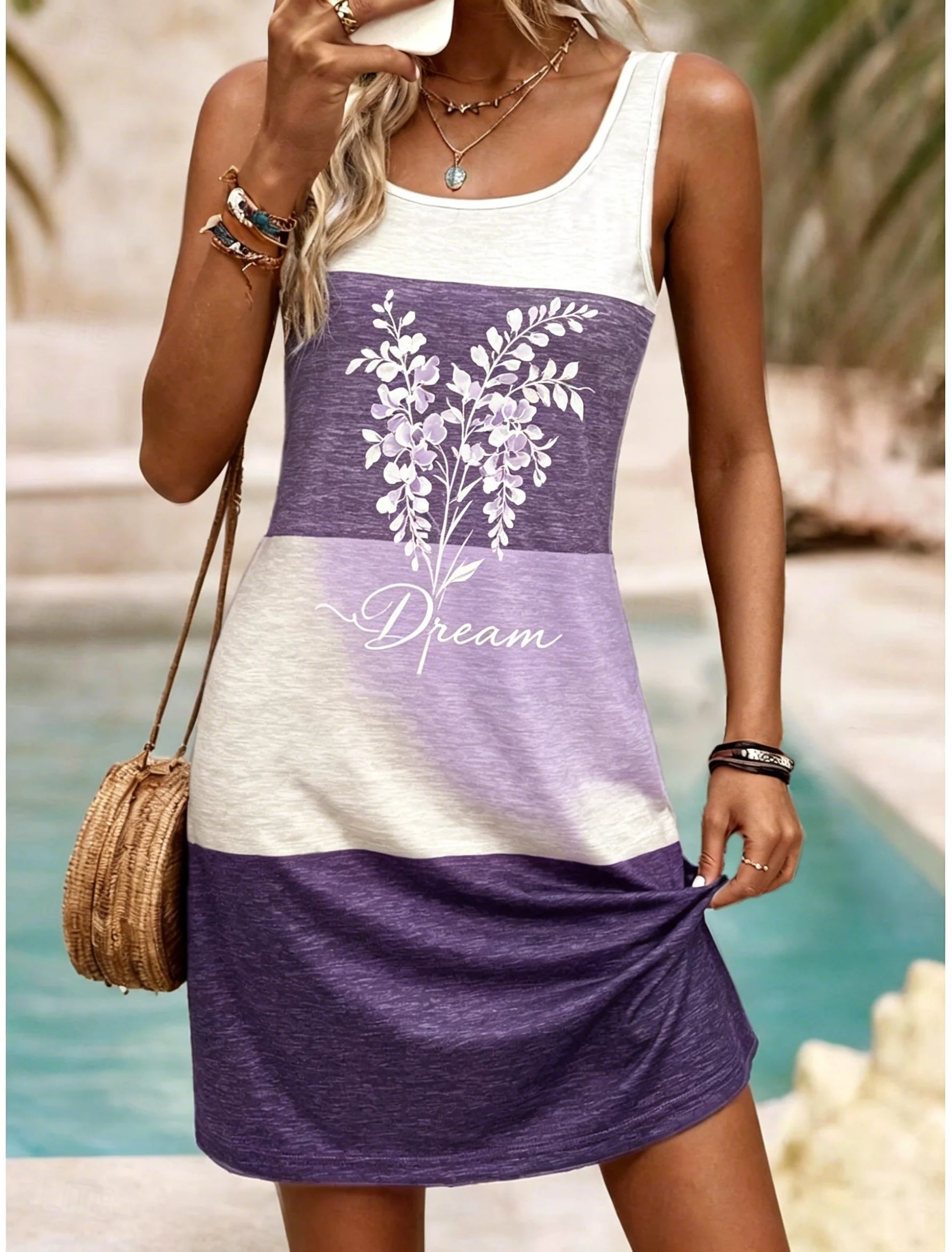 Women's U-Neck Color Block Monstera Breathe Print Sleeveless Casual Tank Dress Beach Vacation Mini Dress for Spring Summer