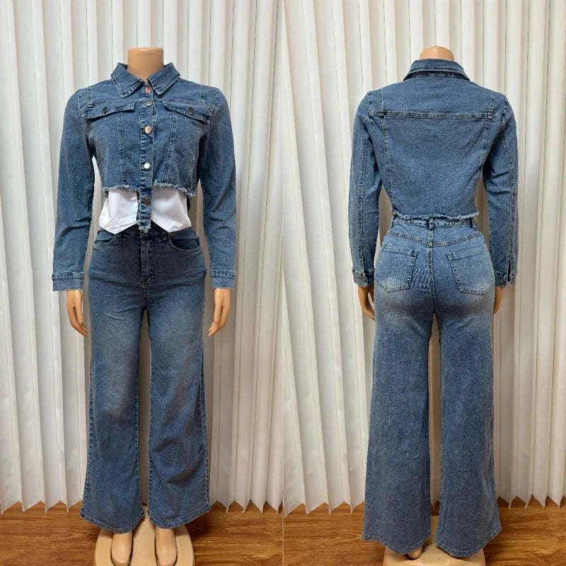 Streetwear Denim 2 Piece Sets Women Outfit Autumn Clothes Women Long Sleeve Jean Short Jacket Straight Jeans Pant Sets Tracksuit