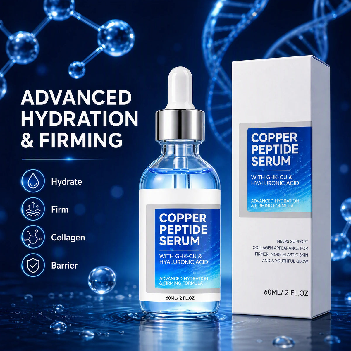 Copper Peptide Face Serum with Hyaluronic Acid & Niacinamide, GHK-Cu Hydrating Serum for Firm, Smooth & Glowing Skin 60ml