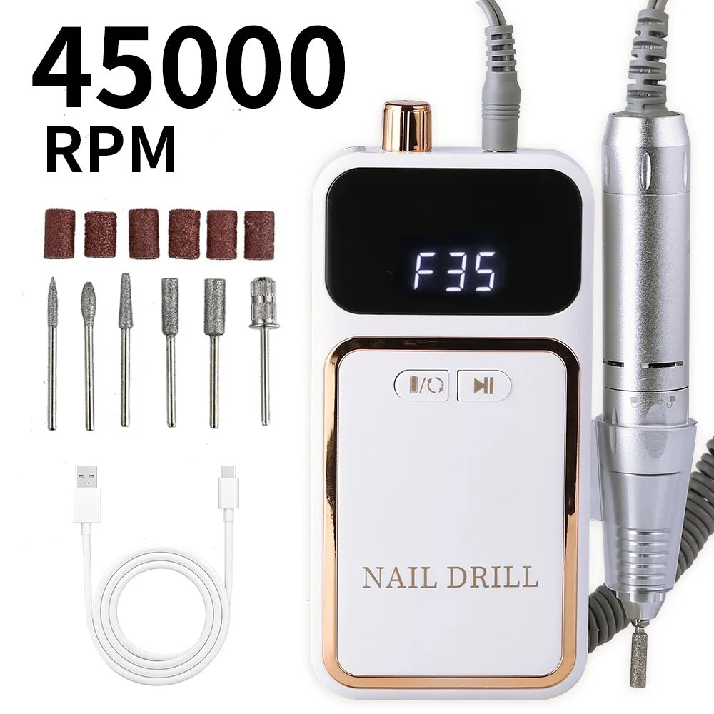 Professional 45000RPM Electric Portable Nail Drill Machine Rechargeable Low Noise Nail Sander File for Manicure Salon Tool