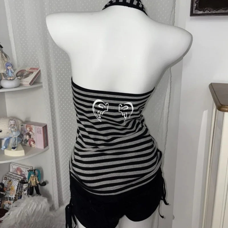 Retro Hottie Tank Tops Y2K Striped Halter Backless Cami Top Women Grunge Streetwear Slim Fit Sleeveless Shirt Graphic Sexy Vest