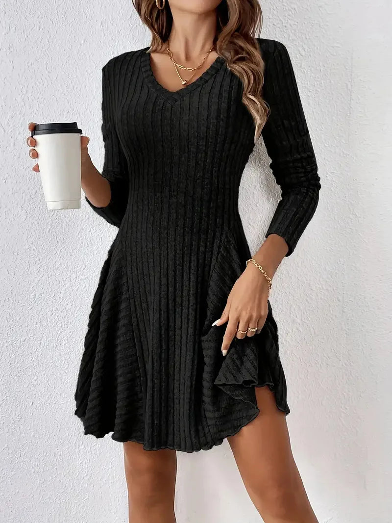 Women's V-Neck Knit Dress - Long Sleeve Swing Mini Dress, Elegant Bodycon Short Dress