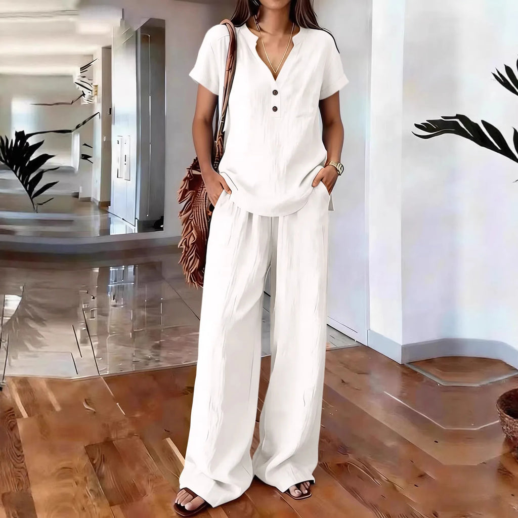 Solid Color Casual Loose Pants Sets For Women 2026 Elegant Summer Women's Two Pieces Suit Full Trouser Set Female Outfit Clothes