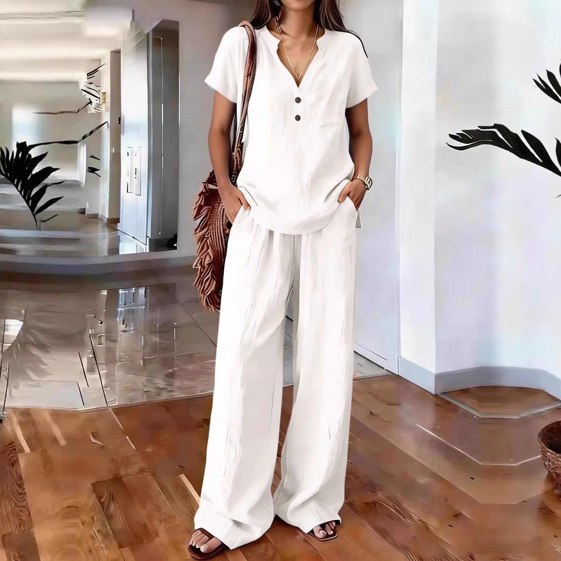 Solid Color Casual Loose Pants Sets For Women 2026 Elegant Summer Women's Two Pieces Suit Full Trouser Set Female Outfit Clothes