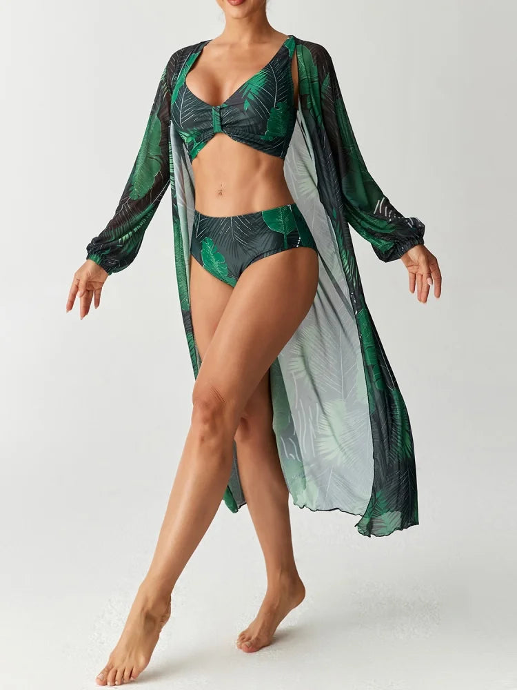 Bikini Women Swimsuit 2026 New Print Sling Bikini Set Sexy High Waist Swimwear Summer Long Sleeve Mesh Beach Bathing Suit Female