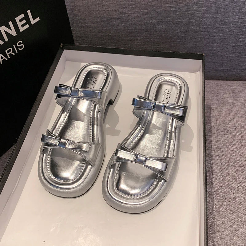 Summer Women Bow Decor Platform Slide Sandals Open Toe Non Slip Comfortable Shoes for Daily Casual Outdoor Beach Wear