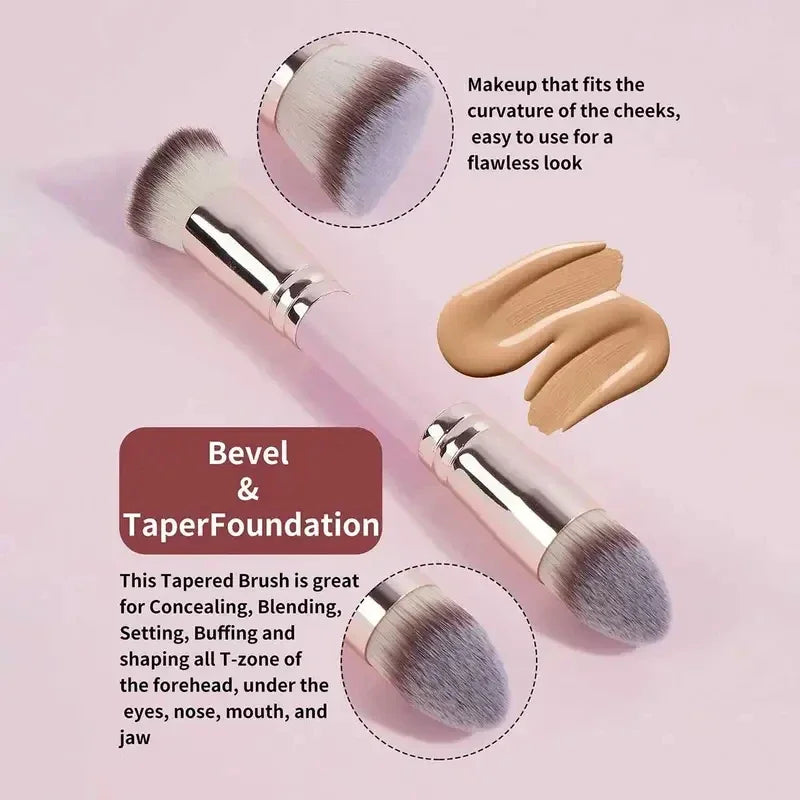 2PCS Dual-Ended Makeup Brush - Angled Contour & Flat Head Foundation Brush for Cream, Liquid Foundation, Seamless Blending