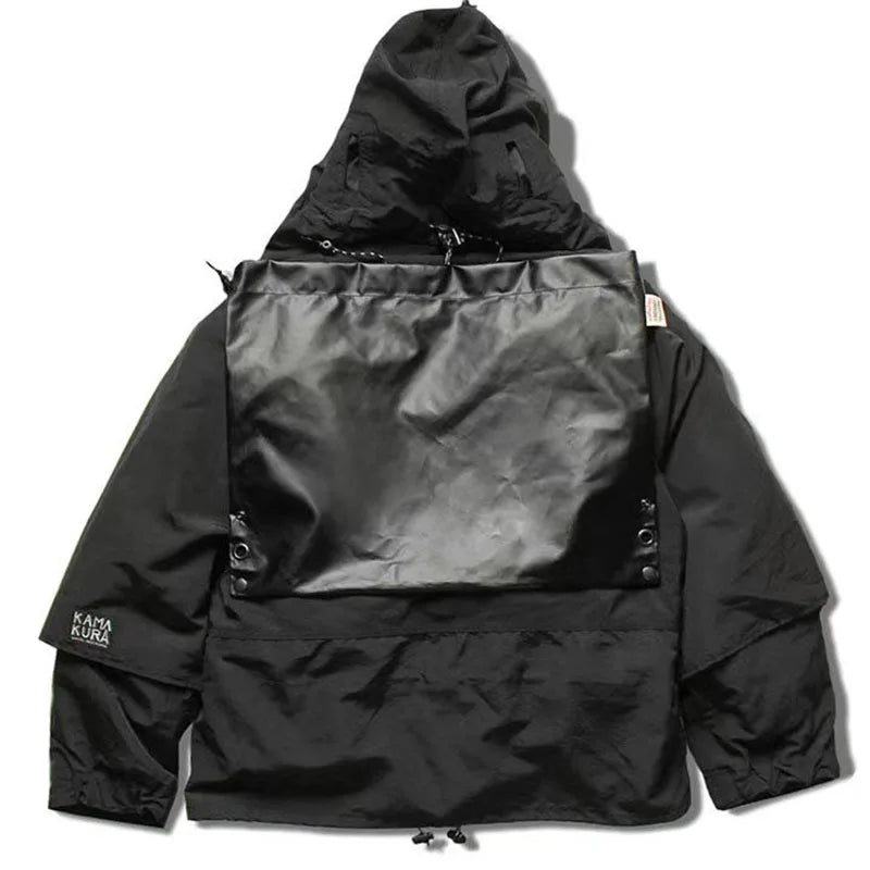 Japanese Style Retro Stitching Waterproof and Windproof Multifunctional Jacket Men's Hooded Black Multi Pocket Coat