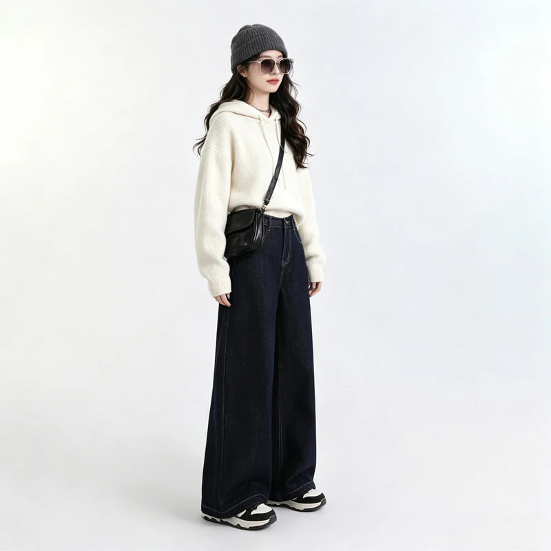 Raw Denim High Waist Wide Leg Draped Jeans Women Vintage Loose Slim Versatile Commute Long Trousers