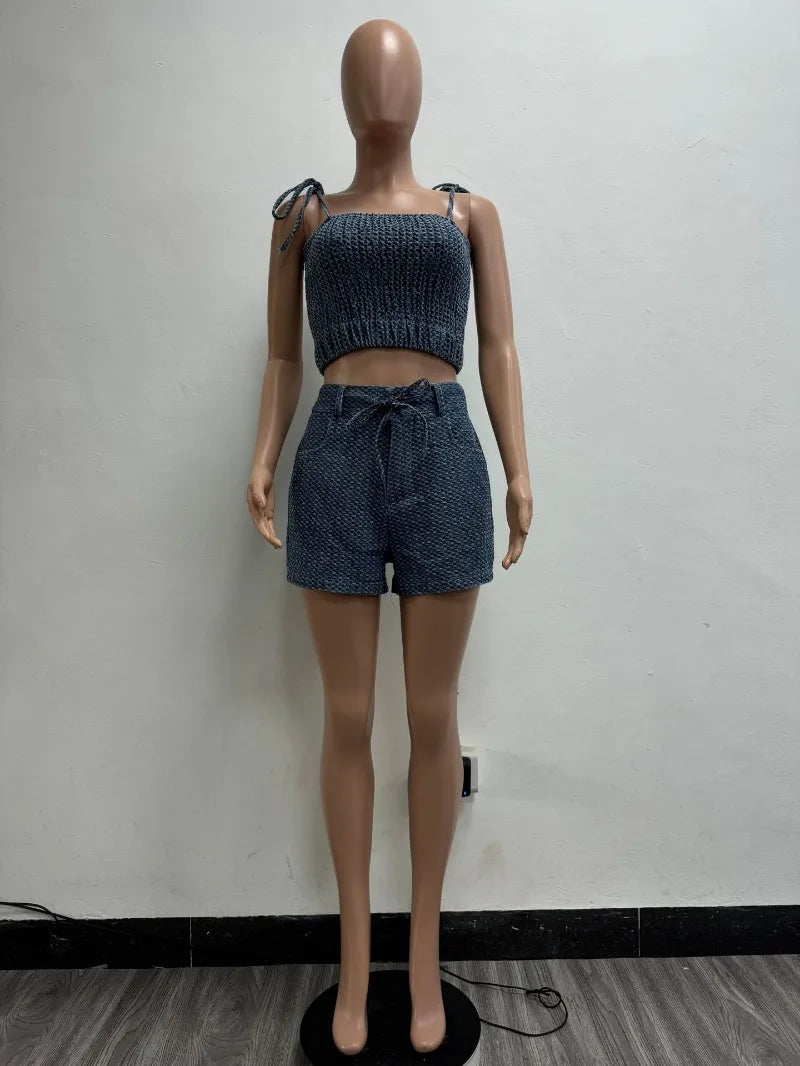 Women Fashion Sexy Denim 2 Piece Set Strapless Lace Up Spaghetti Straps Camisole Crop Tops + High Waist Shorts Casual Jeans Suit