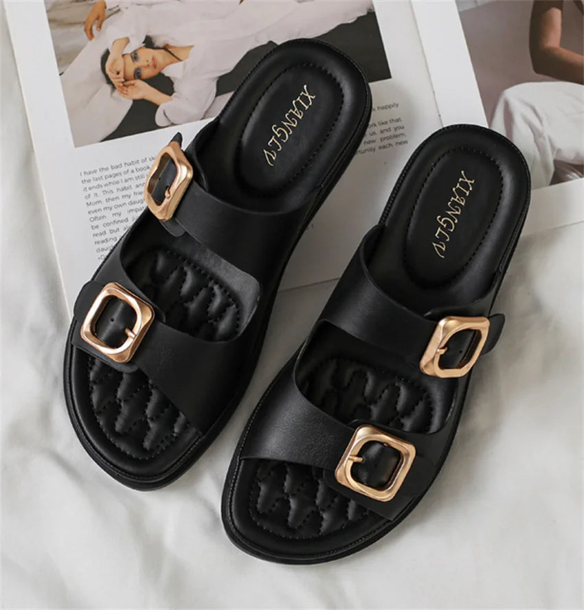 Casual Slippers Women PU Leather Open Toe Double Buckle Flat Summer Outdoors Non-Slip Soft Soles Slip On Beach Footwear Slippers