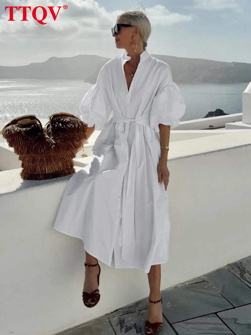 TTQV Fashion Loose White Cotton Women's Dress Casual Stand Collar Half Sleeve Midi Dresses Elegant Classic Lace-Up Female Dress
