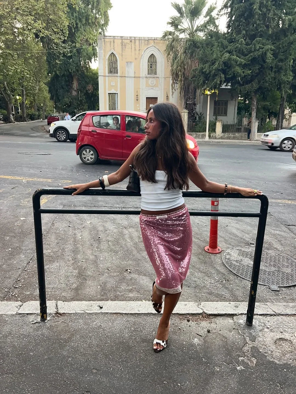 Sexy Pink Sequin Midi Skirt Women Ruched Lace Patchwork Elastic Waist Bodycon Pencil Skirts Lady Club Party Dating Glitter Wear