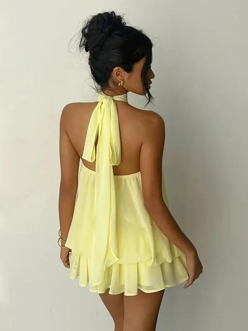 Women Halter Neck Backless Tie Mini Dress Summer Sleeveless Chiffon Ruffle Short Dresses Sexy Club Party Beach Vacation Outfit