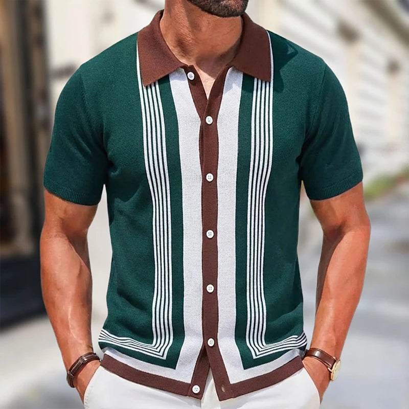 Summer Men Knitted Cardigan Polo Shirts Short Sleeve Striped Jacquarded Business Shirts American Retro Premium Quality Knitwear