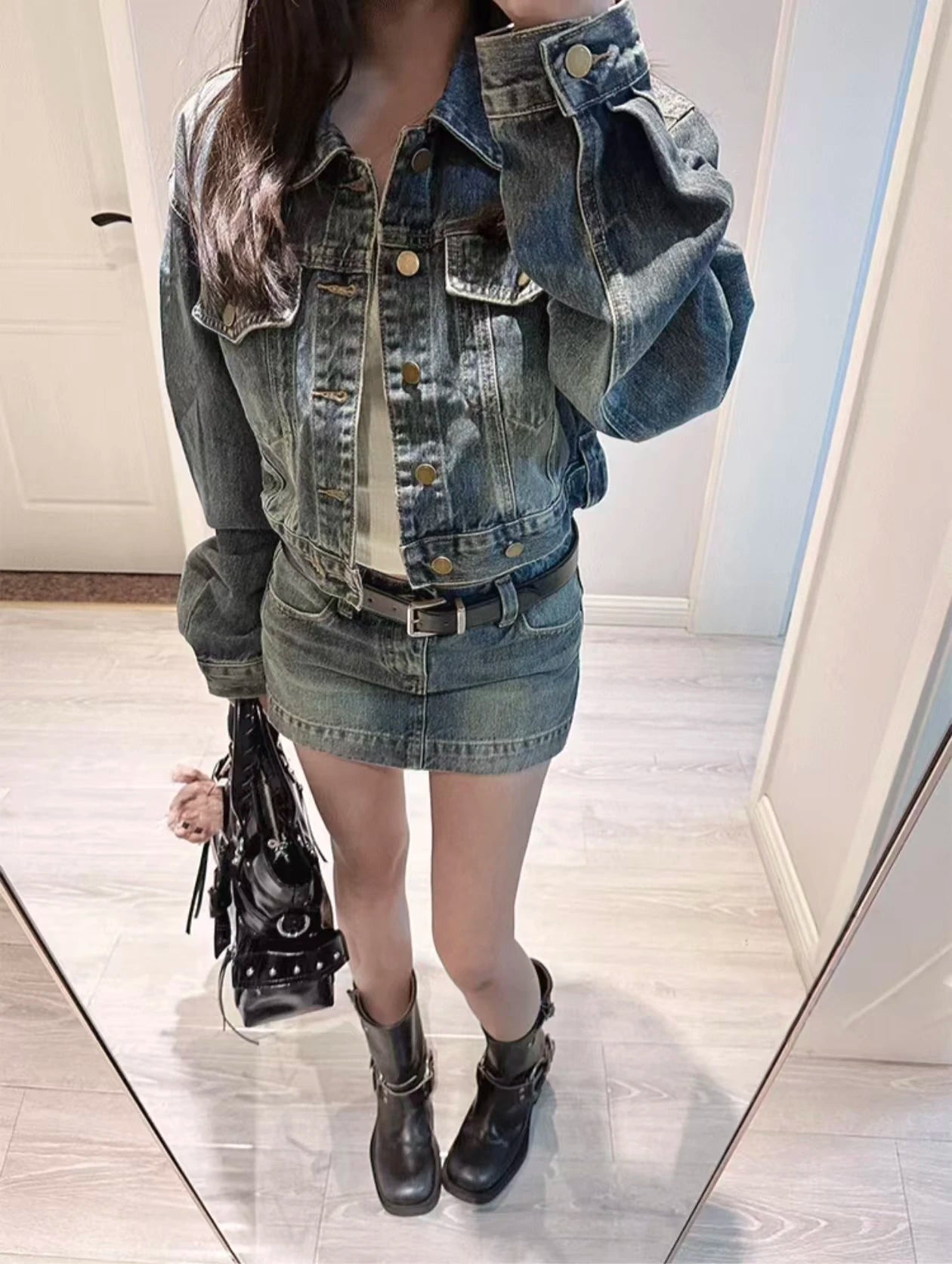 Retro Korean Style Women 2 Piece Denim Suits Y2K Denim Jacket + Mini Skirt Casual Street Outfits Fashion Jean Two‑Piece Sets