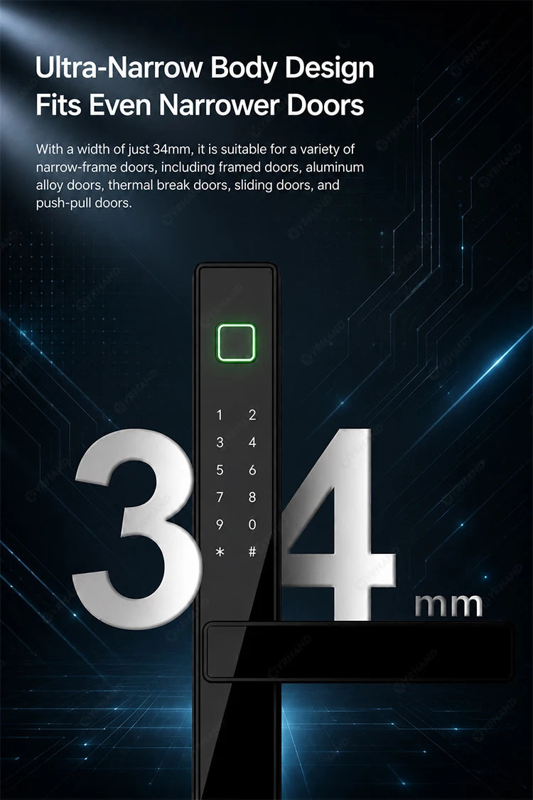 Smart Fingerprint Door Lock 34mm Ultra Narrow No Drilling Replacement TTLock App Anti Peep Password IC Key For Sliding Doors
