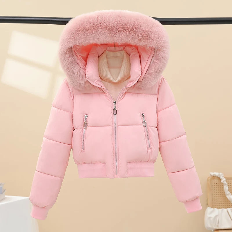 2025 Winter New Short Cotton Jackets Long Sleeve Loose Short Women's Parka Coats Hooded Big Fur Collar Down Cotton Padded Coats