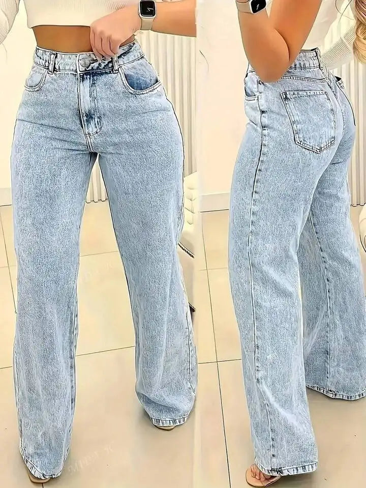 Straight Pants Jeans Women Denims Trousers Washed Distressed 2025 Streetwear Pockets High Waist Vintage Female Floor Length