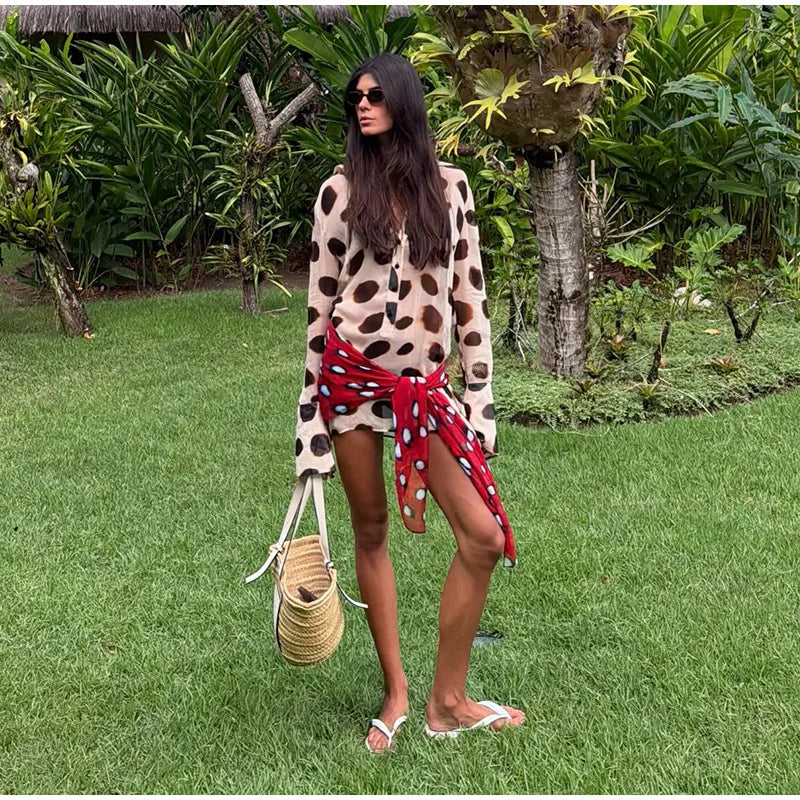 Sexy Printed Shirt-style Women's Dress Full Sleeve Turn-down Collar Button Detachable Scarf Dresses 2026 Summer Chic Female Robe