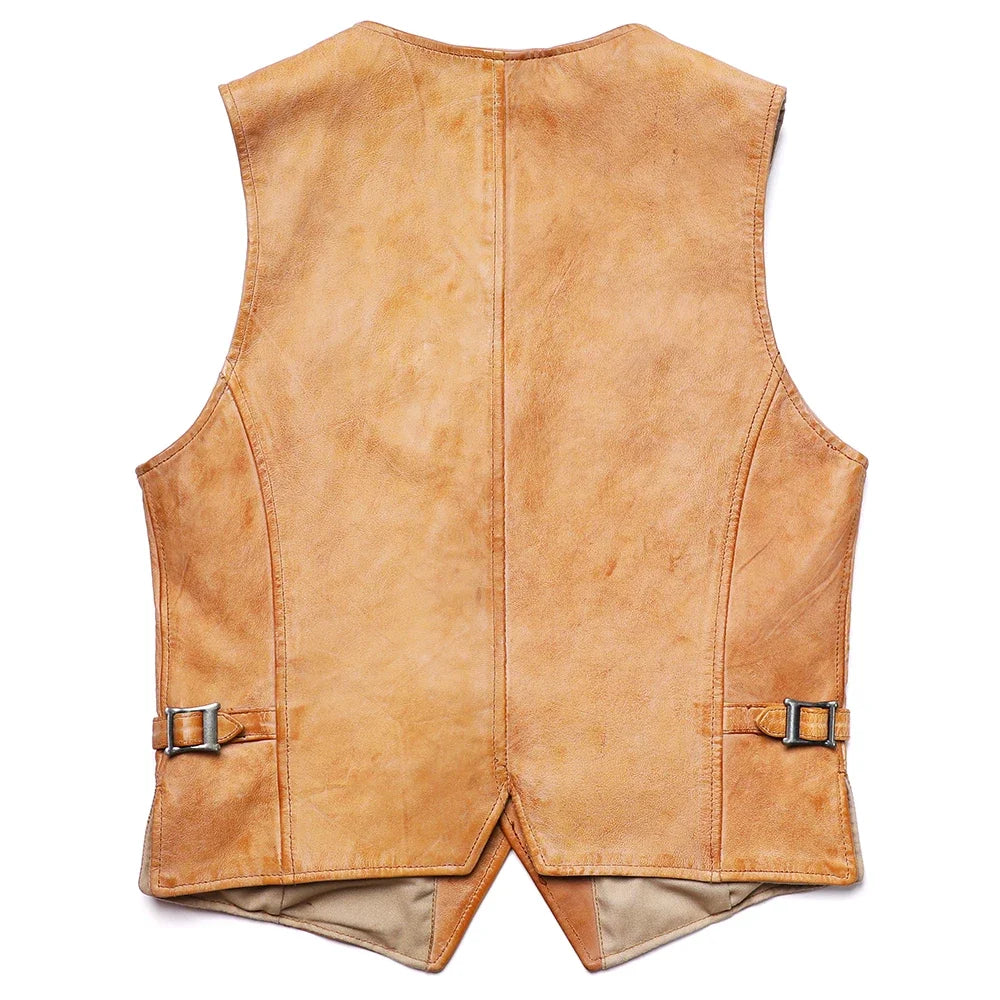 Retro Vintage Yellow Sheepskin Leather Vest Men's Goat Leather Sleeveless Jacket V-neck Amikaki Slim Short Waistcoat Man