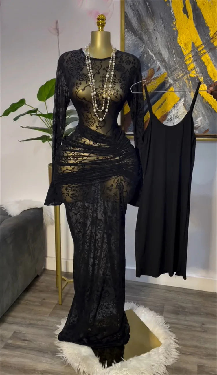 CM.YAYA Women Long Sleeve Ruched Mesh See Though with Lining Bodycon Long Dress 2025 Fall Evening Birthday Sexy Party Dresses