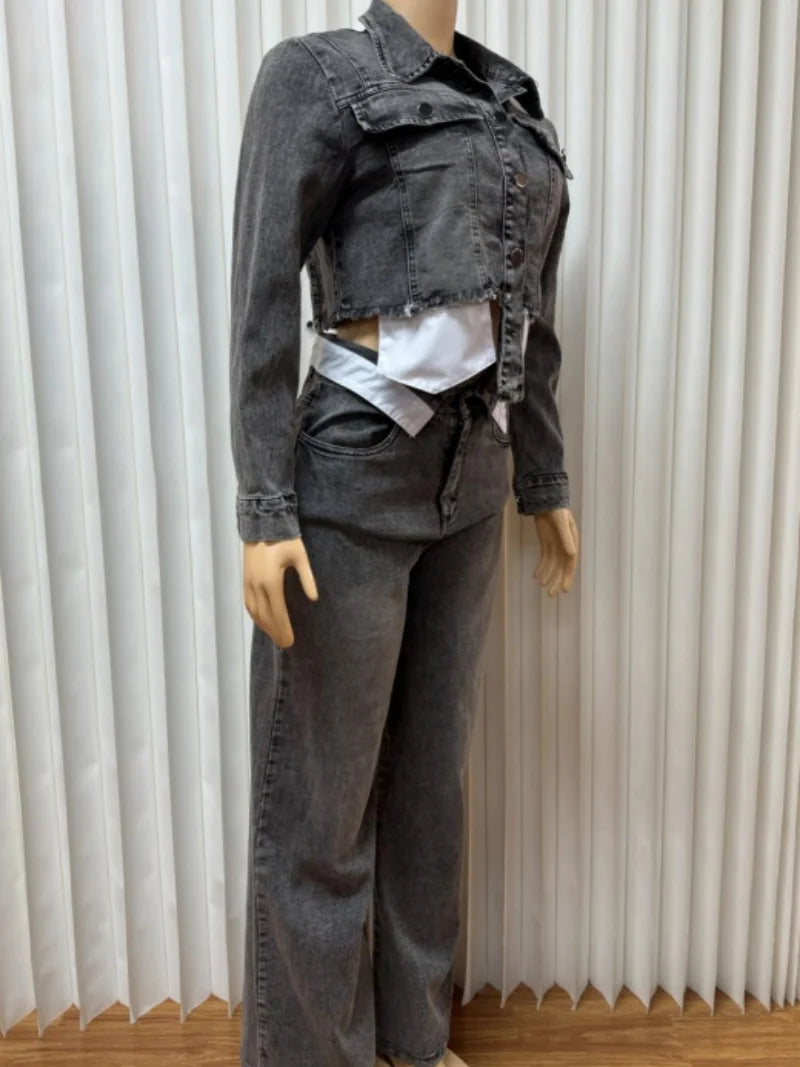 Streetwear Denim 2 Piece Sets Women Outfit Autumn Clothes Women Long Sleeve Jean Short Jacket Straight Jeans Pant Sets Tracksuit