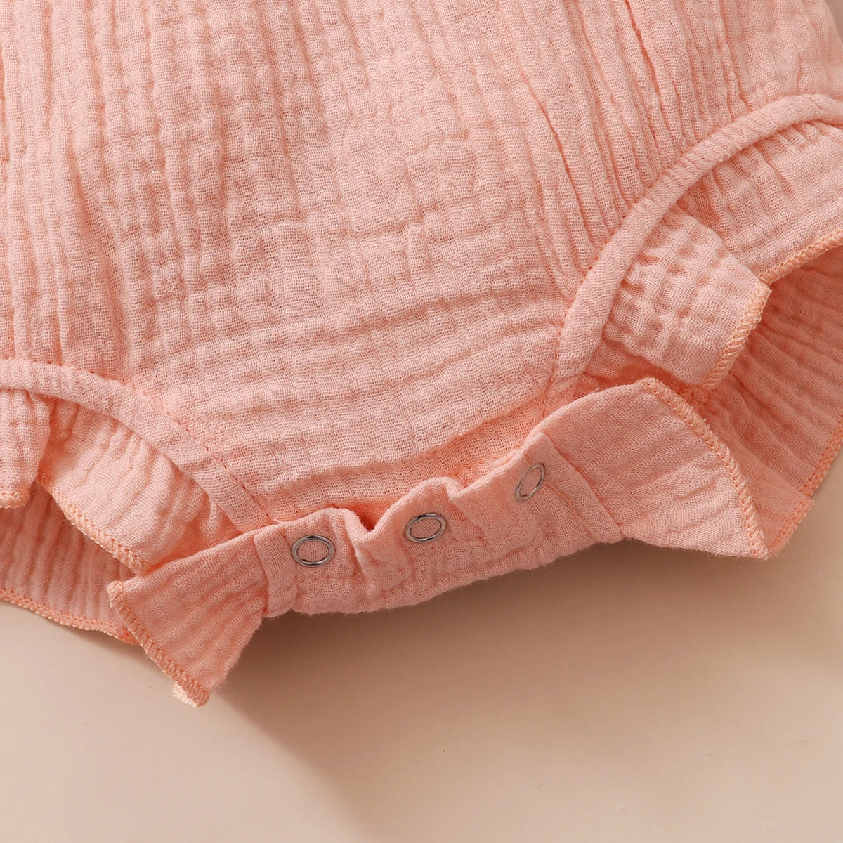 0-18 Months Newborn Baby Girl Plain Soft Bodysuit Lace Flared Sleeve Summer Romper with Headband Toddler Baby Girl Clothing