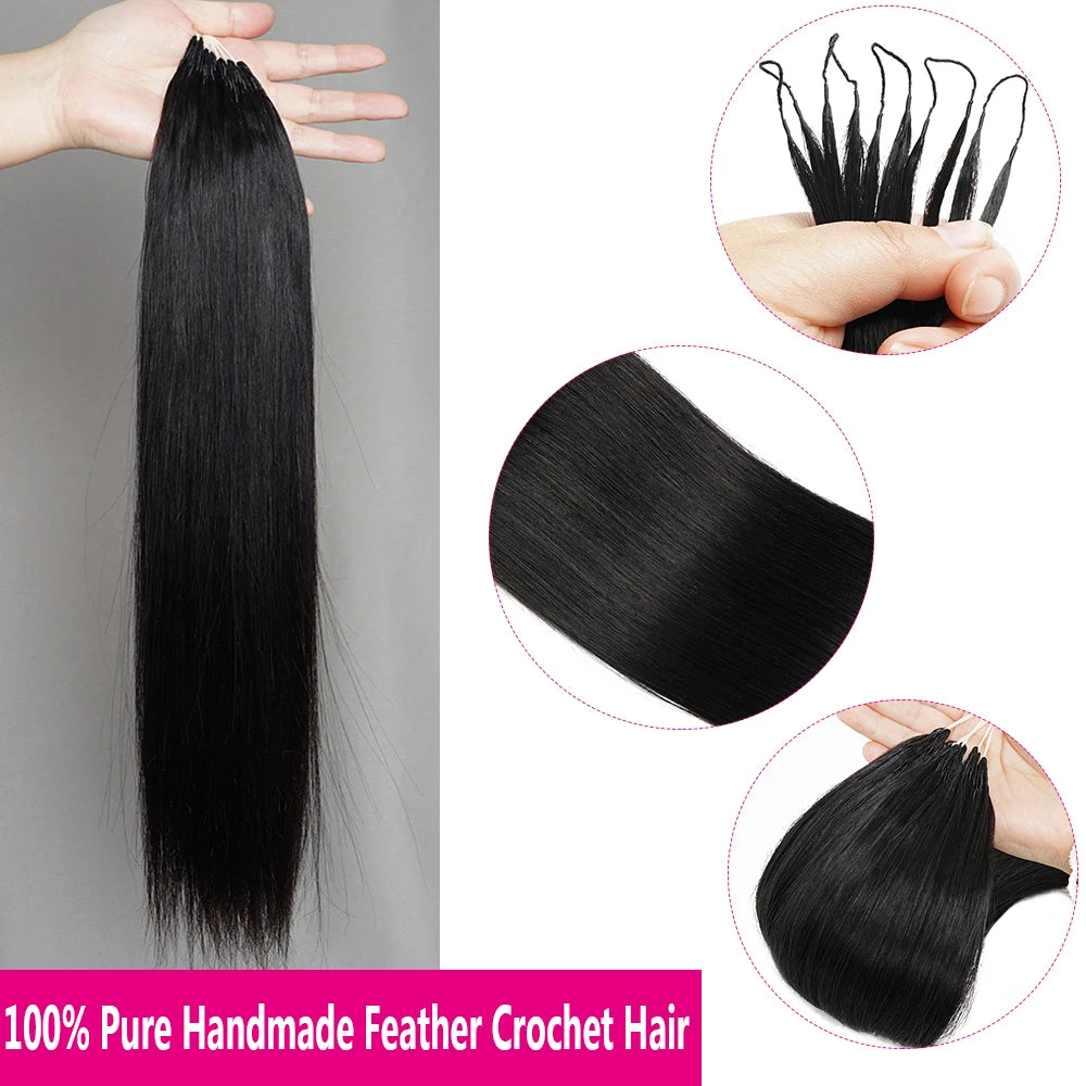 Feather Crochet Human Hair Extensions 16-26Inch Burmese Straight Hair Pre-Looped Invisible Pre-Separated Crochet Bulk Human Hair