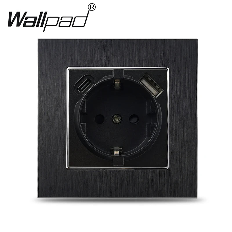 Euro USB Type-C Socket Black Matte Metal Panel Double Triple Electrical Wall SocketS EU Type A+C Outlet with Cap Cover Round Box