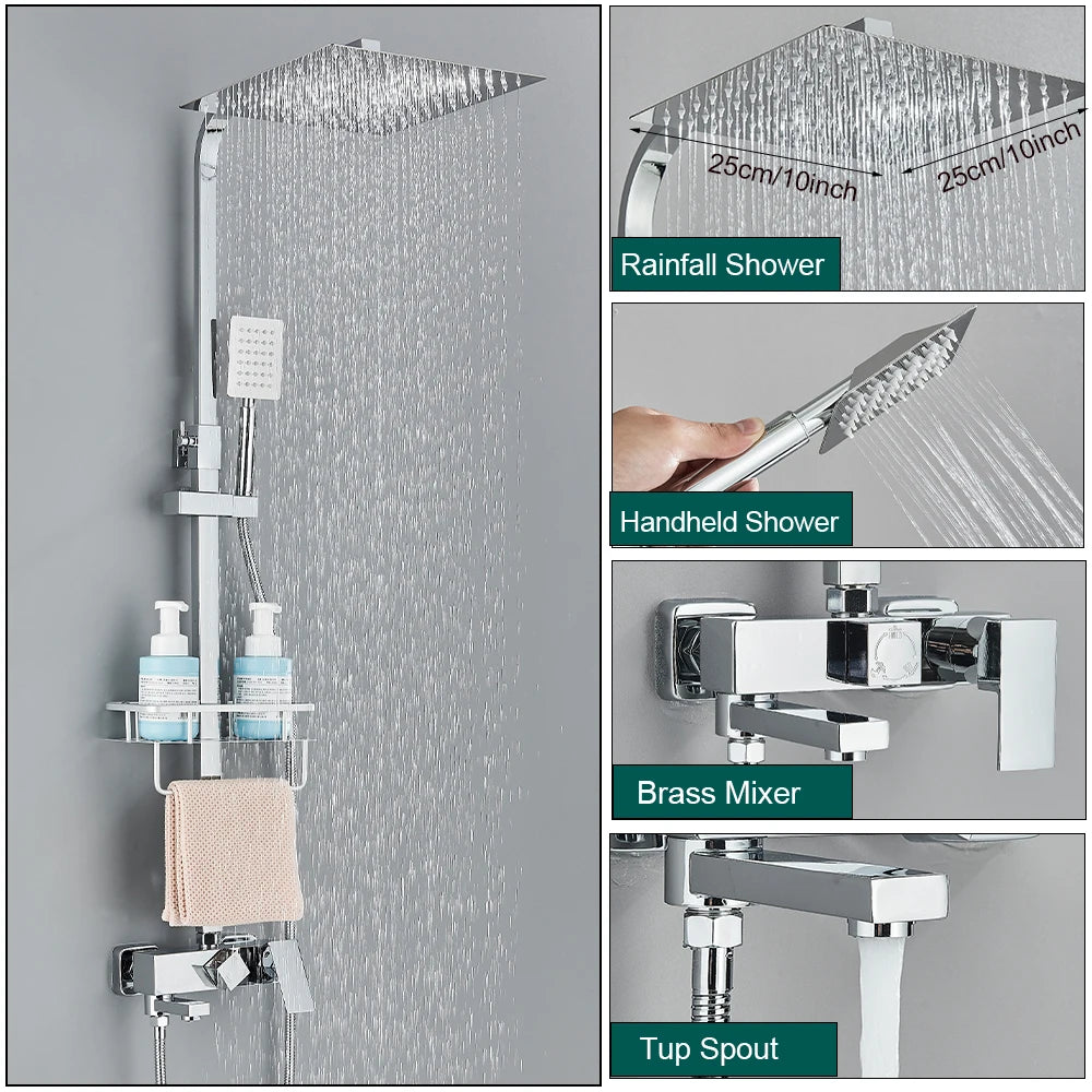 Shower Faucet Set Rainfall 3/4-ways Bathtub Tap With Bathroom Shelf Height Adjust Brass Mixer Crane Hot Cold Water Systems