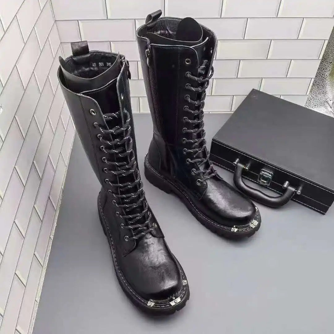 men's fashion party nightclub dress motorcycle boots black soft leather shoes autumn winter cowboy high boot long botas hombre