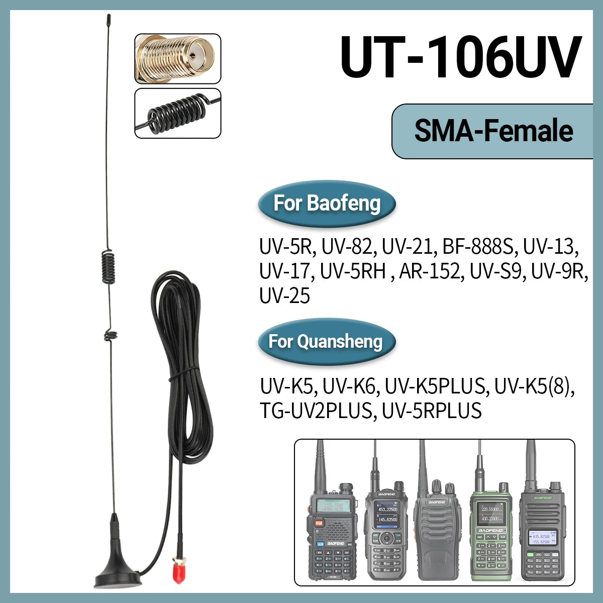UT-106UV Car Antenna Walkie Talkie Magnetic SMA-Female VHF UHF On board Antenna for UV-5R 5RH 21 Pro Quansheng UV-K5 Ham Radio