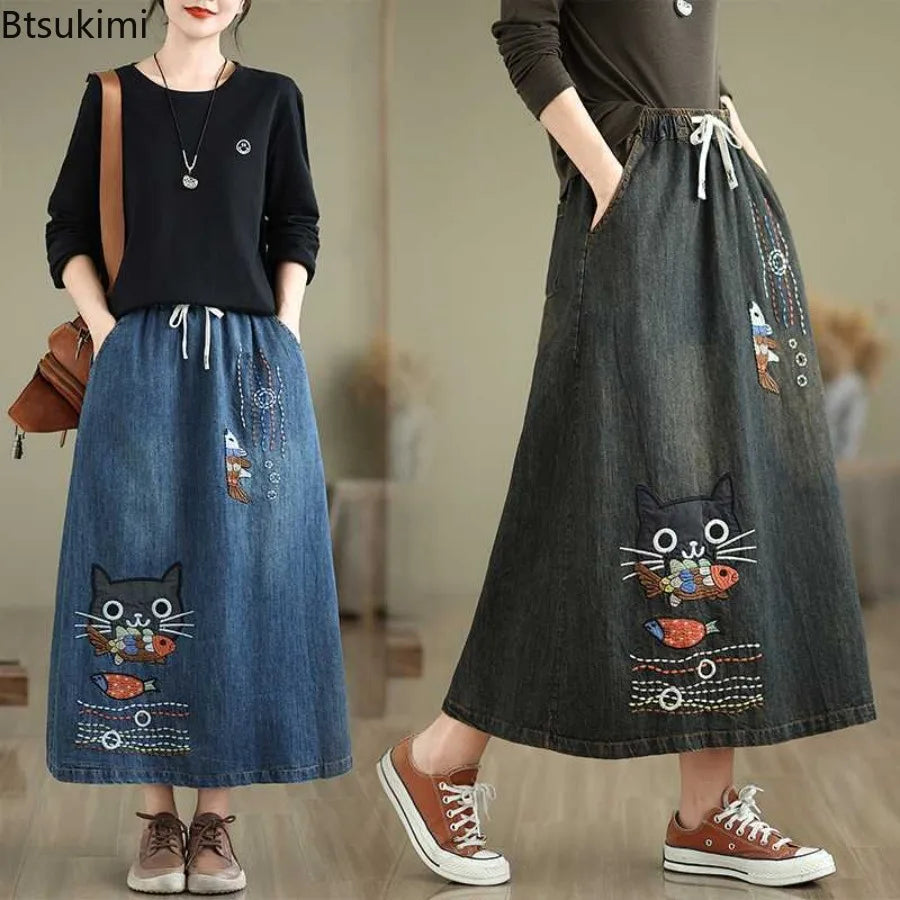 2026 Women's Denim Skirts Retro Cartoon Animal Embroidery Casual Half Skirts Spring Summer High Waist Fashion Loose Midi Skirts