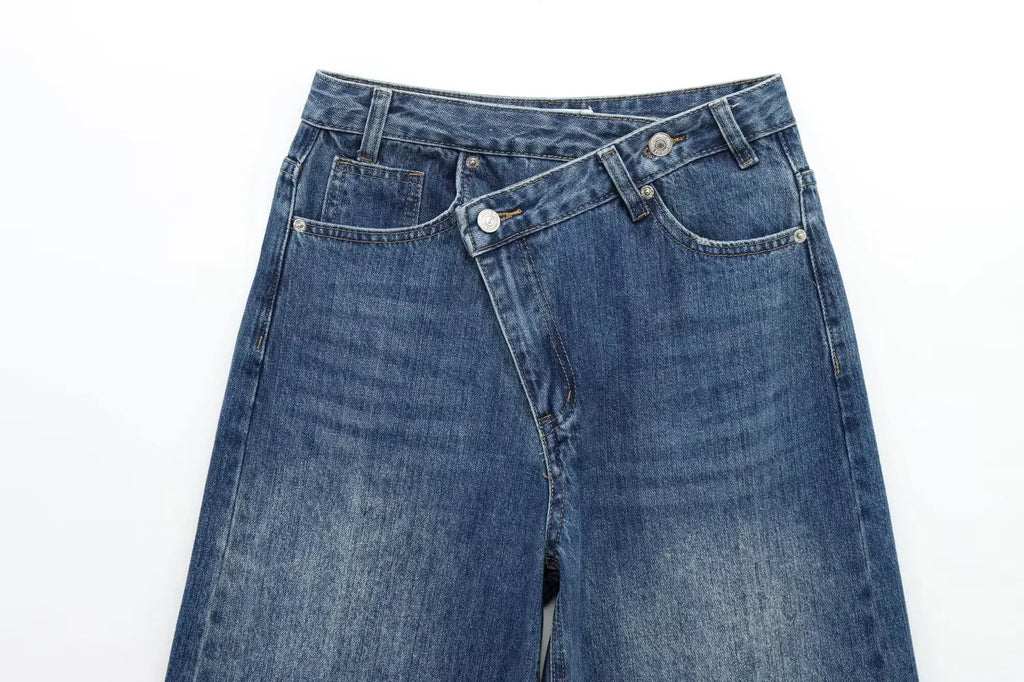 HH Women Trendy Cross Waist Wide Leg Jeans Asymmetrical Button Fly High Waist Baggy Denim Pants For Streetwear Y2K Outfits