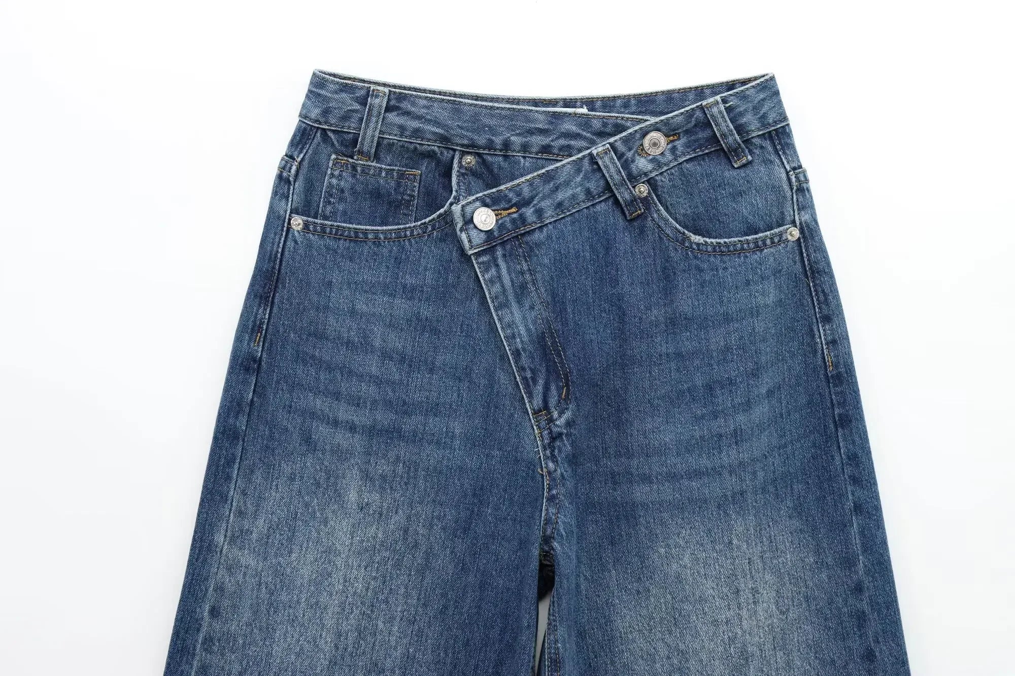 HH Women Trendy Cross Waist Wide Leg Jeans Asymmetrical Button Fly High Waist Baggy Denim Pants For Streetwear Y2K Outfits