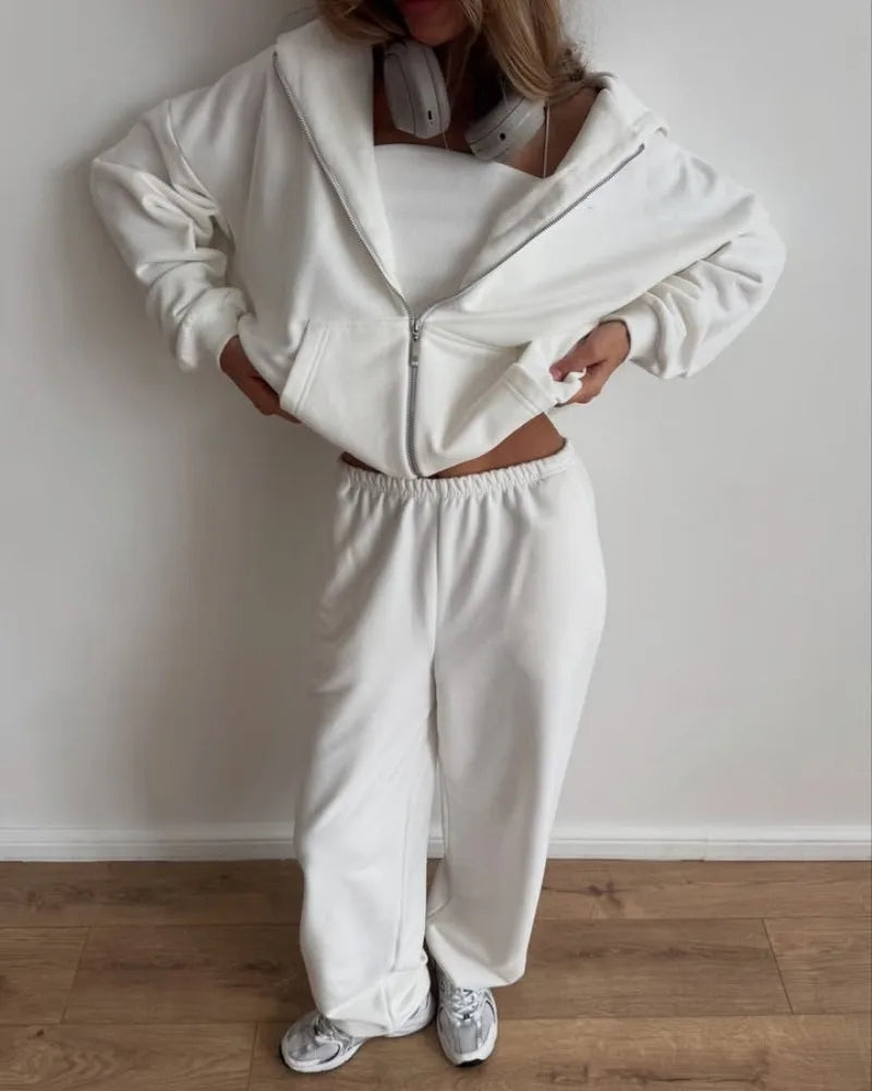Women's Casual Suit Solid Color Long Sleeve Hooded Cardigan Pocket Sweater Elastic Pants Two-piece Set