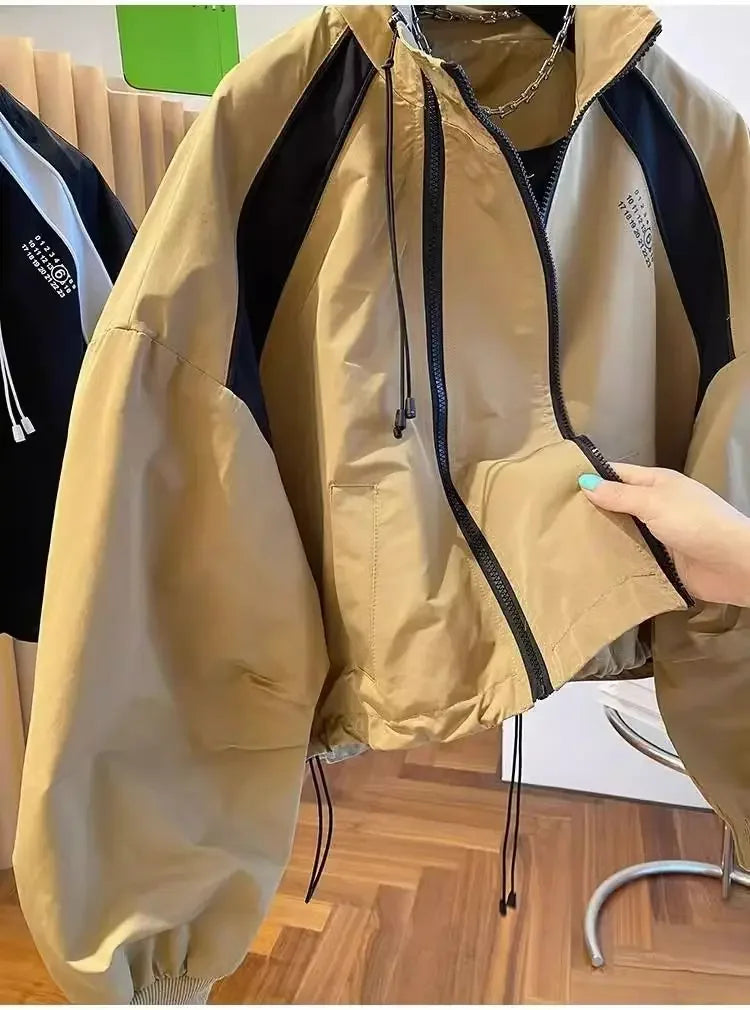 Retro Street INS Style Double Zipper Women's Stand Up Collar Jacket Spring and Autumn Casual Loose Y2k Long Sleeve Top Coat