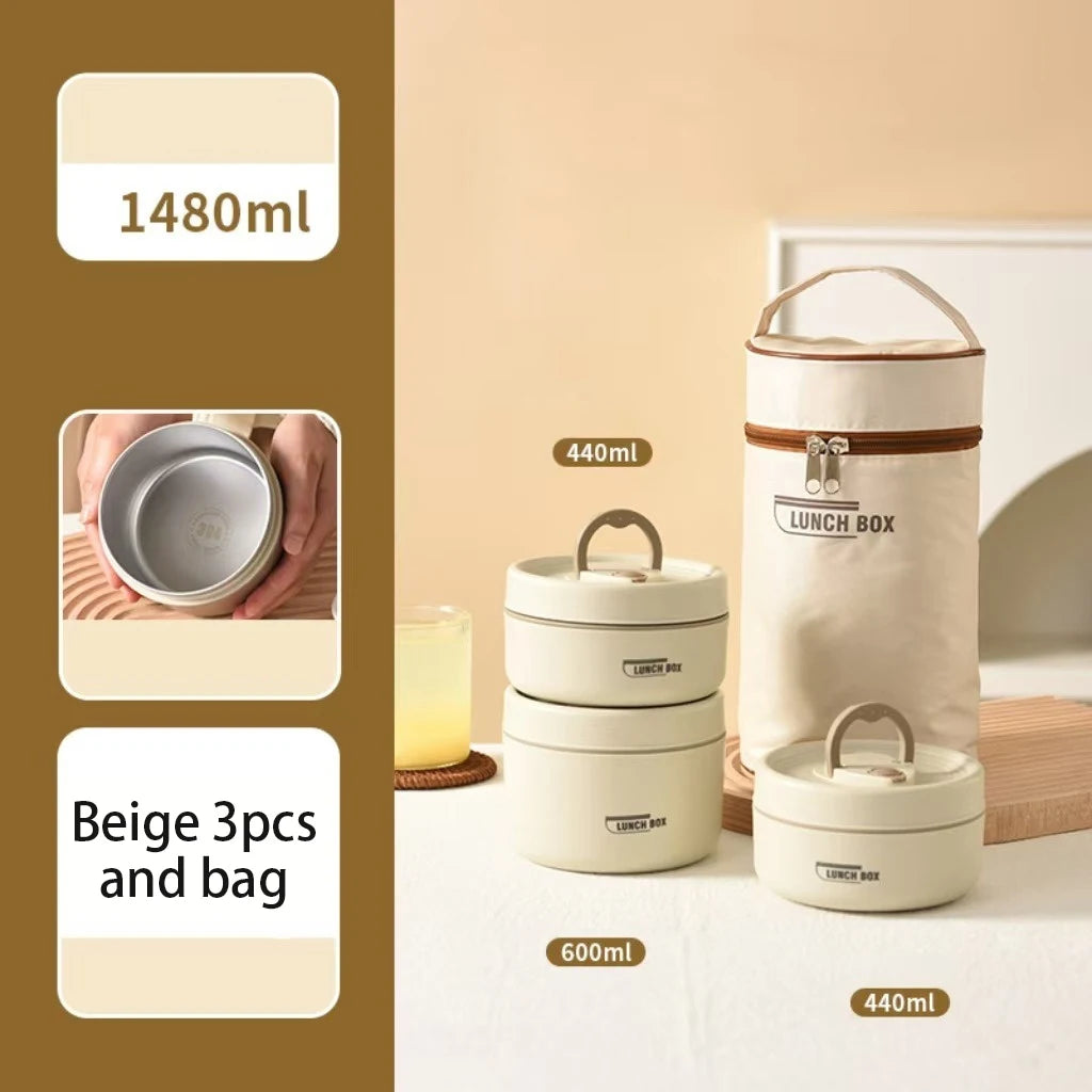 Stackable Insulated Lunch Box Set 3 Separate Microwave Bento Box Sealed Leak Proof Soup Bowl Office Food Container for Adult Kid