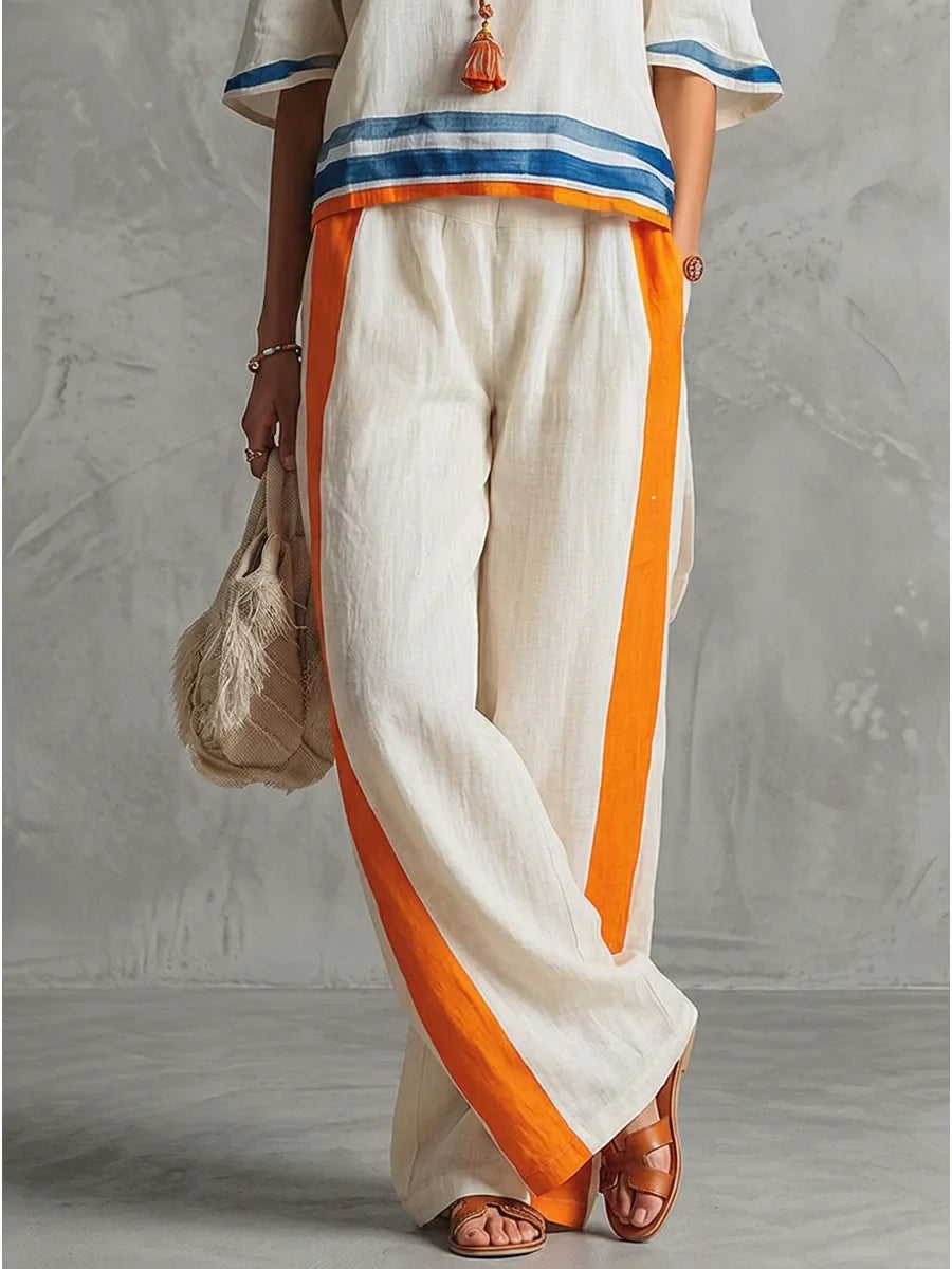 Women Boho 2 Piece Outfit Striped Trim Short Sleeve Tops Wide Leg Pants Summer Linen Casual Two Piece Set Vacation Suit