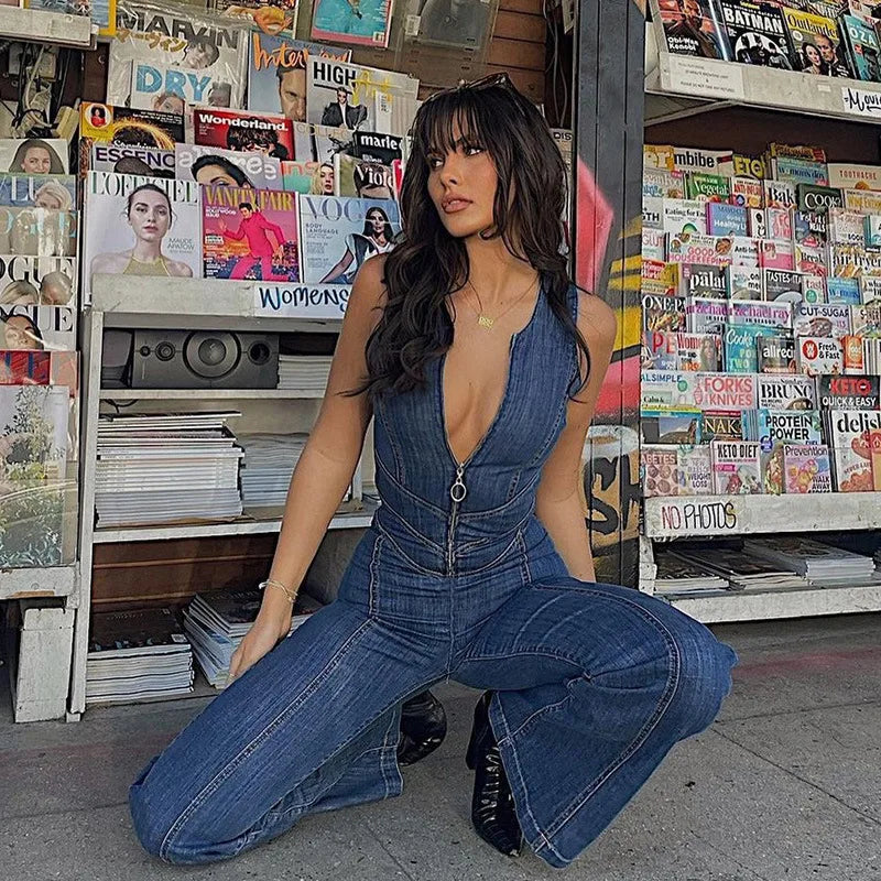Fashion Denim Jumpsuit Women's Sexy New Tank Slim Sleeveless High Waist Hollow Zipper Backless Love Jumpsuits Streetwear Women